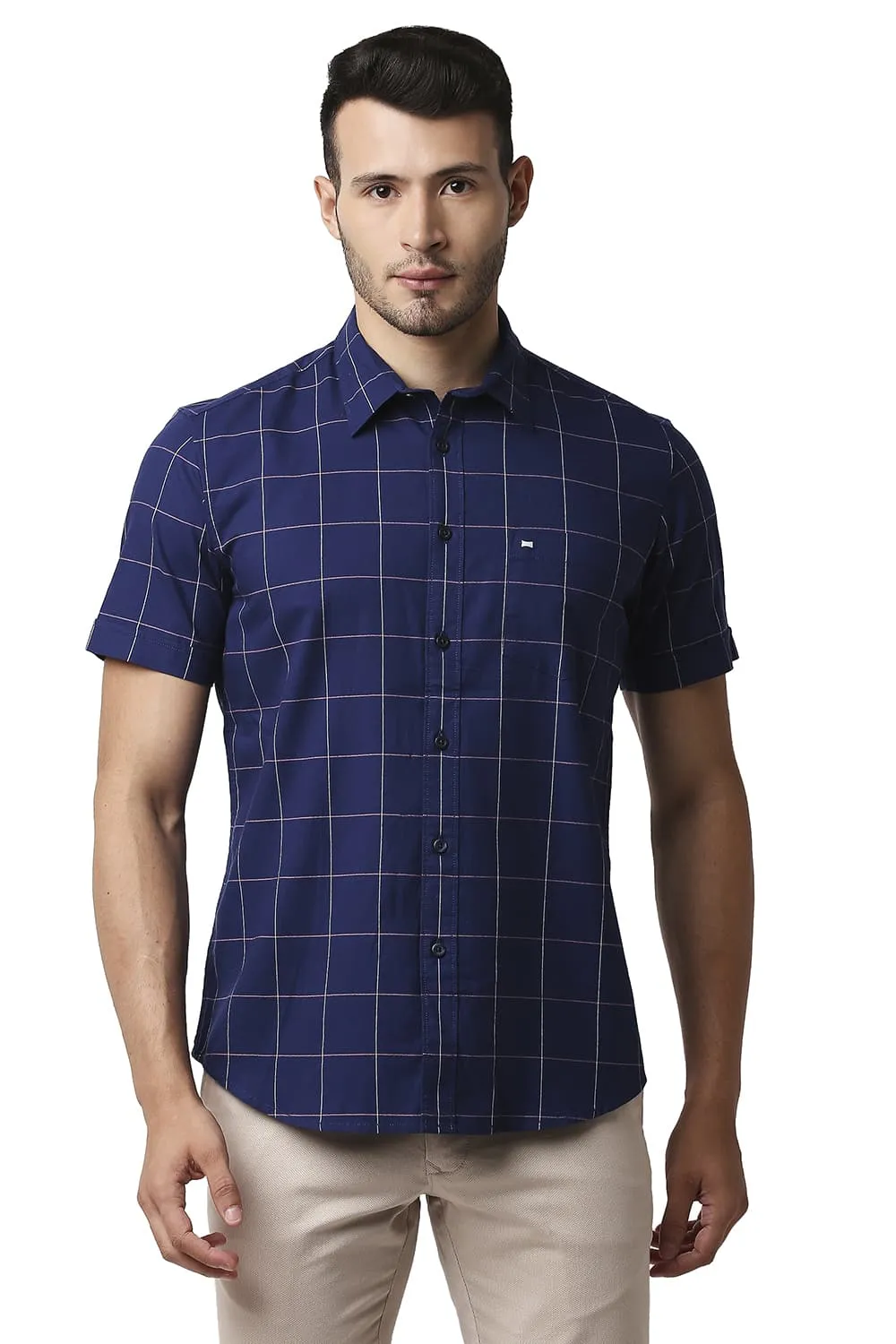 Slim Fit Herring Bone Twill Checks Halfsleeves Shirt