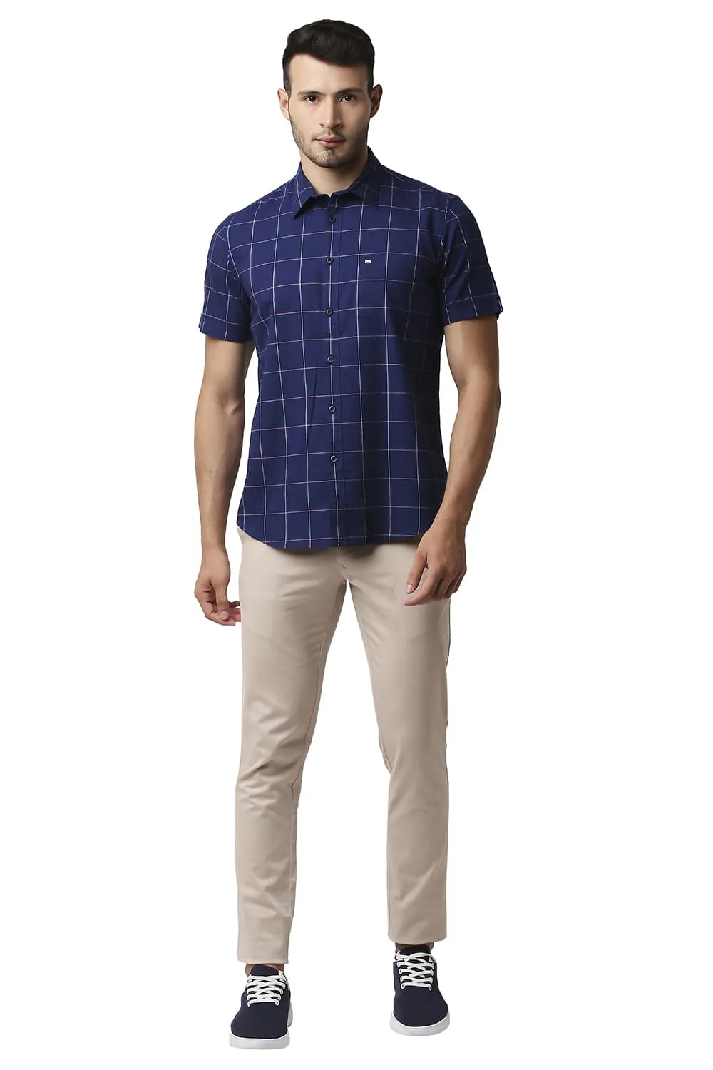 Slim Fit Herring Bone Twill Checks Halfsleeves Shirt