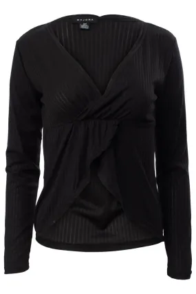 Solid Ribbed Crossover Long Sleeve Top - Black