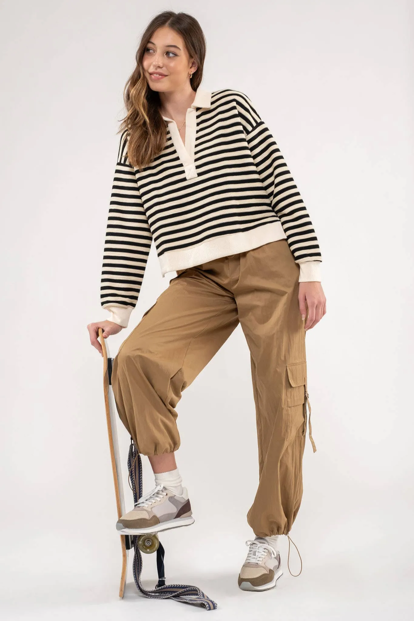 STRIPED COLLARED LONG SLEEVE POLO KNIT TOP