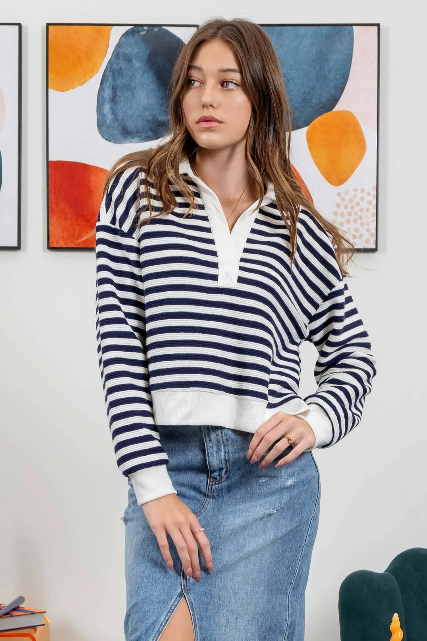 STRIPED COLLARED LONG SLEEVE POLO KNIT TOP