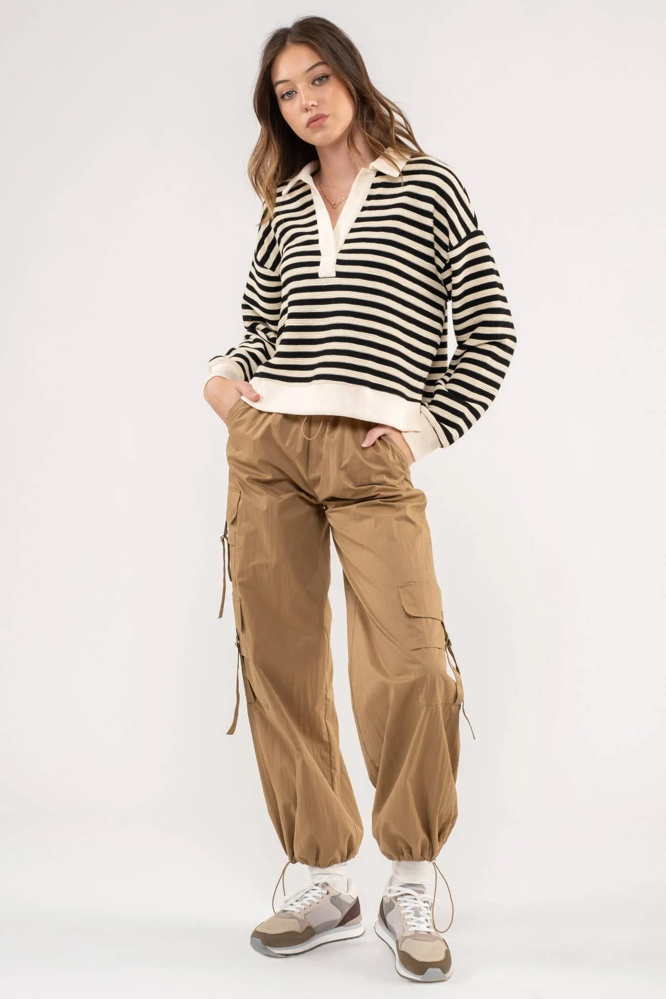 STRIPED COLLARED LONG SLEEVE POLO KNIT TOP