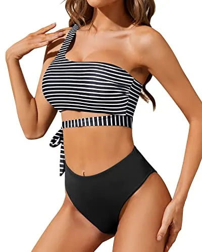 Stylish & Chic High Waisted Two Piece One Shoulder Bikini Set-Black And White Stripe