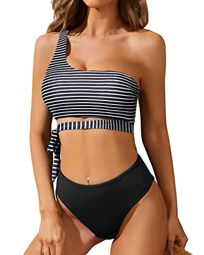 Stylish & Chic High Waisted Two Piece One Shoulder Bikini Set-Black And White Stripe