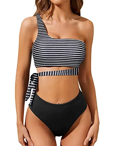 Stylish & Chic High Waisted Two Piece One Shoulder Bikini Set-Black And White Stripe