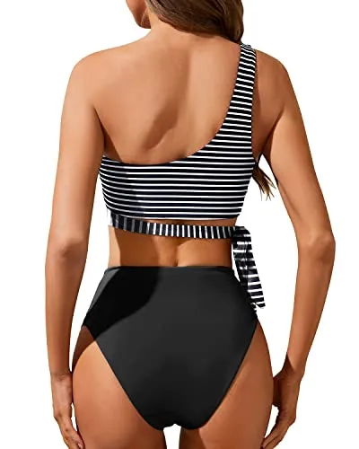 Stylish & Chic High Waisted Two Piece One Shoulder Bikini Set-Black And White Stripe