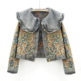 Stylish Autumn Denim Jacket with Jacquard Embroidery and Peter Pan Collar for Women