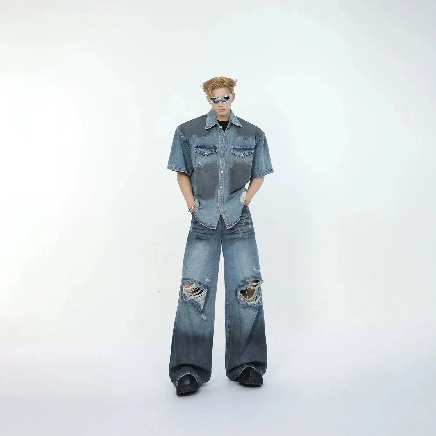 Stylish Distressed Denim Suit Set