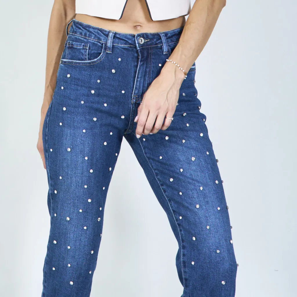 Stylish high-waisted jeans with pearl embellishments wholesale