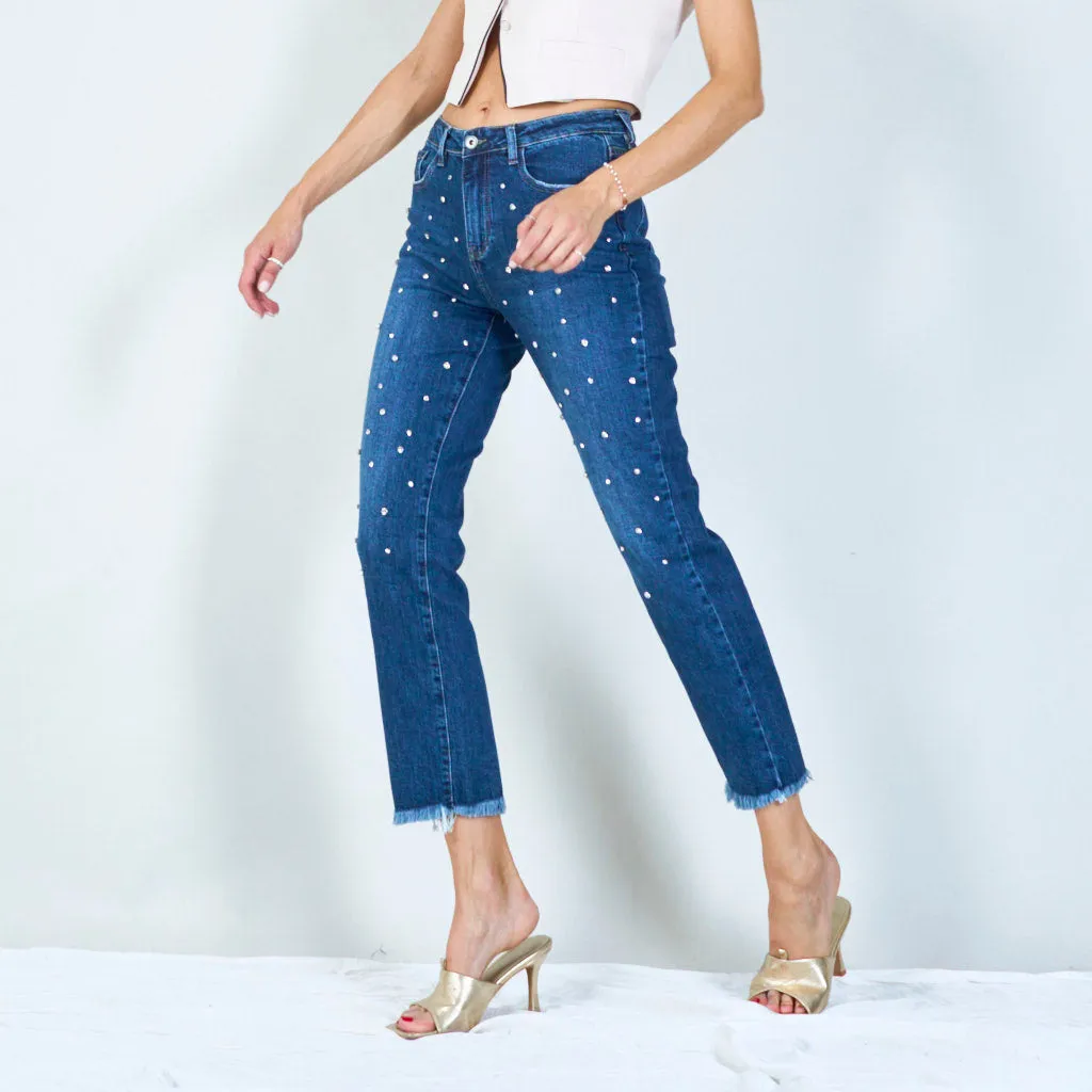 Stylish high-waisted jeans with pearl embellishments wholesale