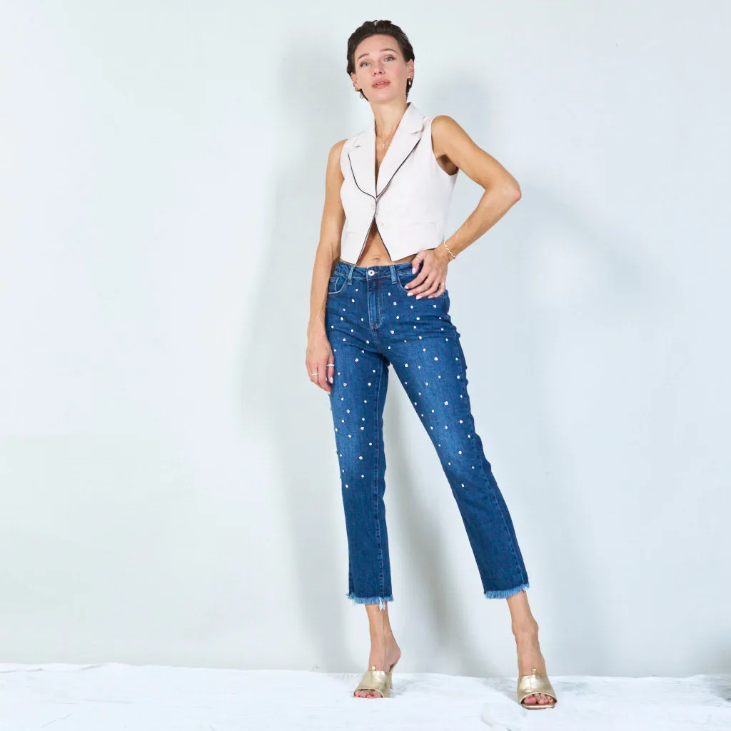 Stylish high-waisted jeans with pearl embellishments wholesale