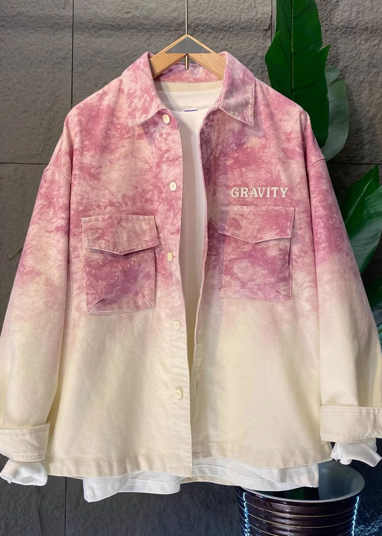 Stylish Pink Gradient Tie Dye Denim Men's Shirts Fall RO002