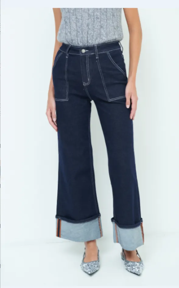 Stylish wide-leg cuffed jeans wholesale