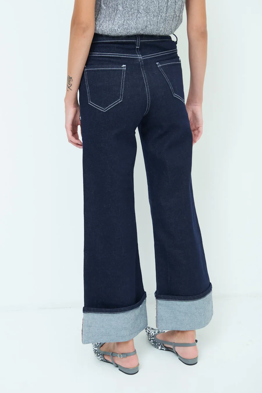 Stylish wide-leg cuffed jeans wholesale