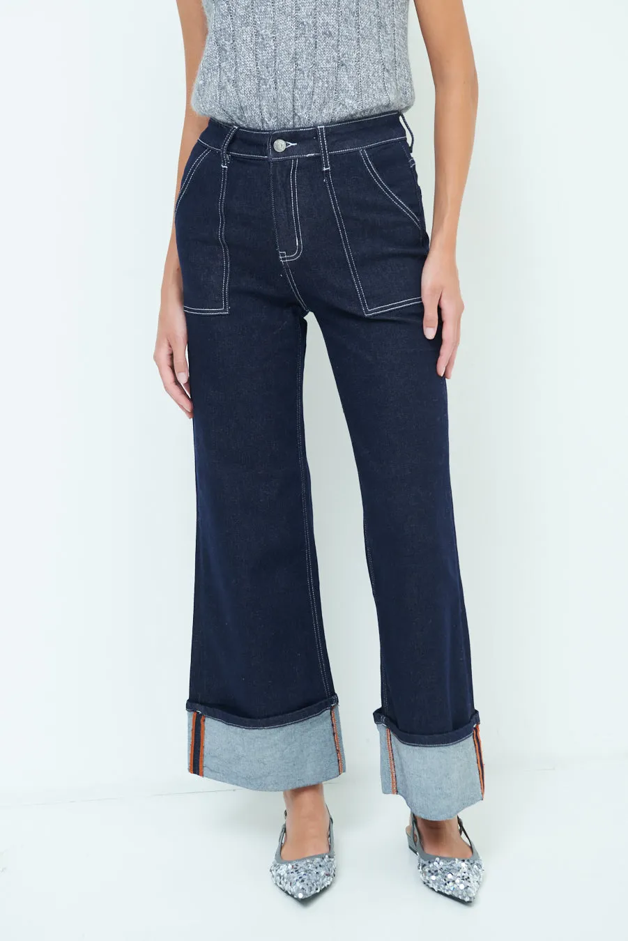 Stylish wide-leg cuffed jeans wholesale