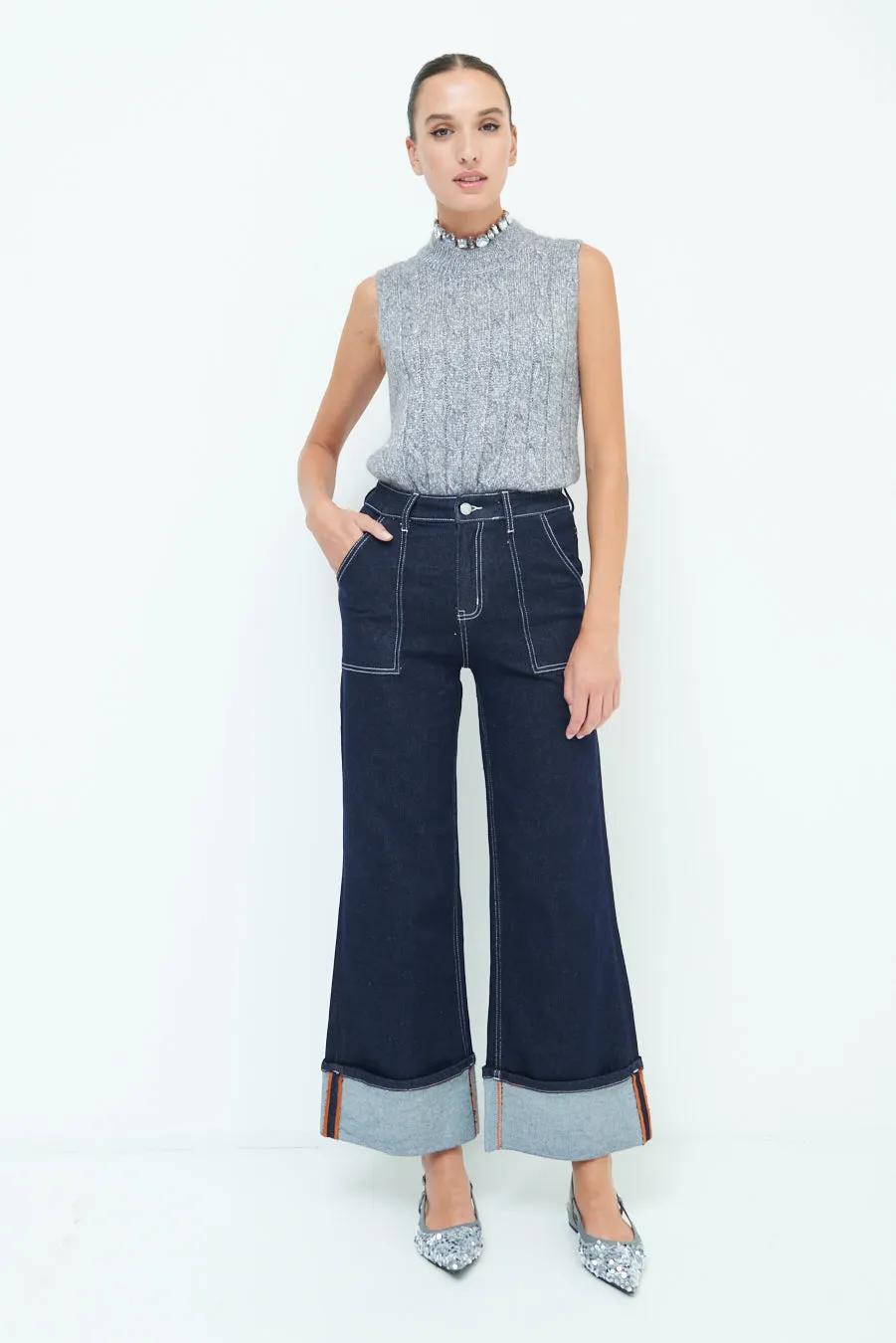 Stylish wide-leg cuffed jeans wholesale