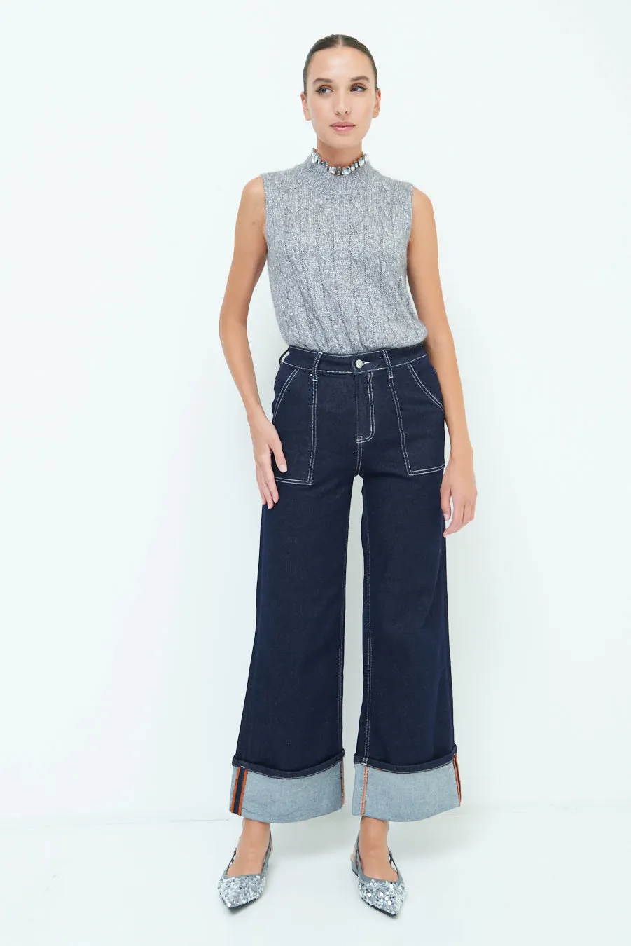 Stylish wide-leg cuffed jeans wholesale