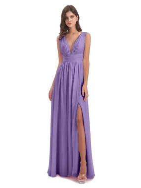 Tahiti Color Bridesmaid Dress Charming Chiffon V Neck Split Long Bridesmaid Dresses