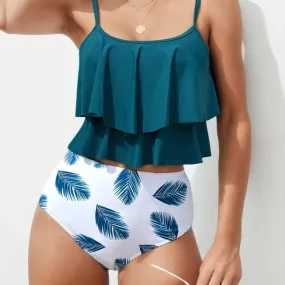 Teal Ruffle Tankini with Leaf Print High-Waisted Bottoms