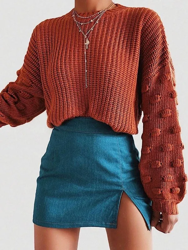 Trendy Tops Puff Sleeves Loose Solid Color Round-Neck Sweater Tops