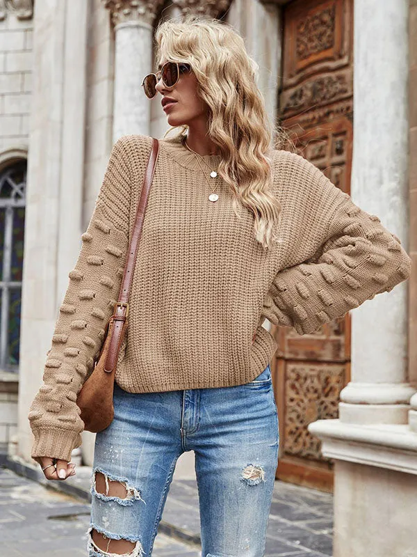 Trendy Tops Puff Sleeves Loose Solid Color Round-Neck Sweater Tops