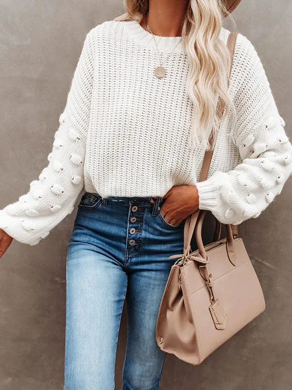 Trendy Tops Puff Sleeves Loose Solid Color Round-Neck Sweater Tops