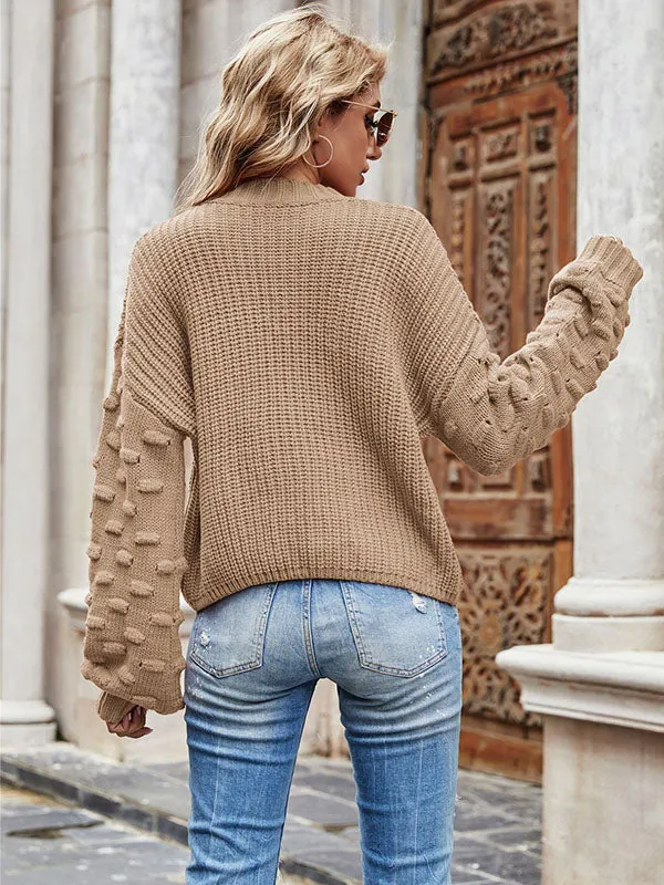 Trendy Tops Puff Sleeves Loose Solid Color Round-Neck Sweater Tops