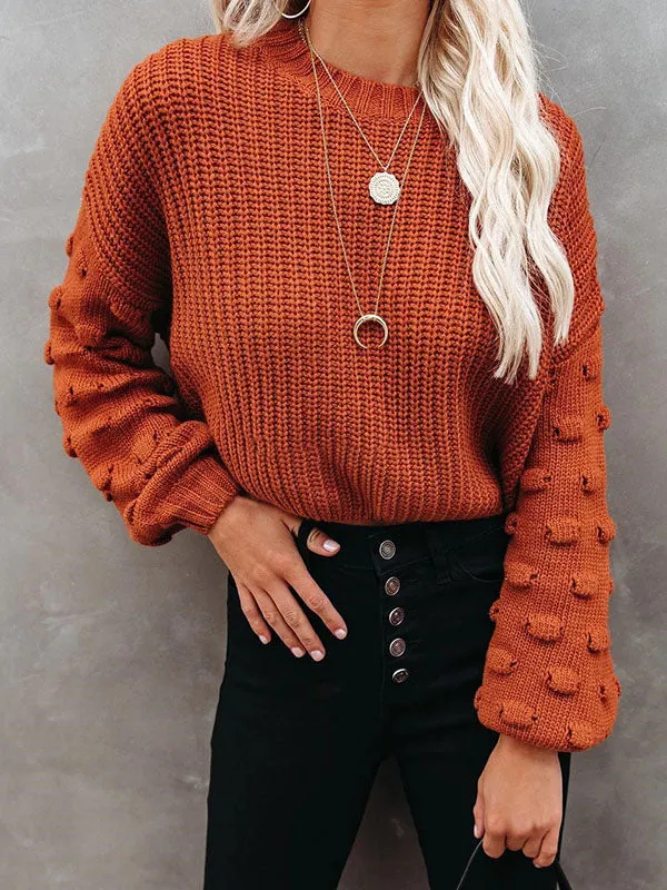 Trendy Tops Puff Sleeves Loose Solid Color Round-Neck Sweater Tops