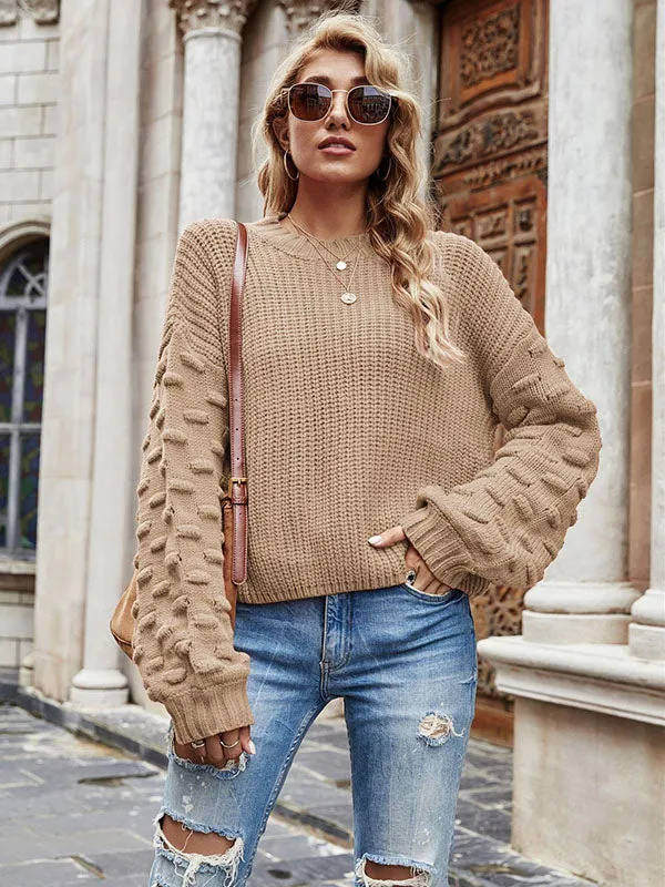 Trendy Tops Puff Sleeves Loose Solid Color Round-Neck Sweater Tops