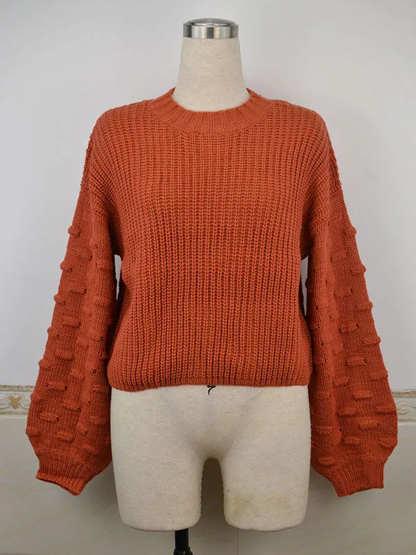 Trendy Tops Puff Sleeves Loose Solid Color Round-Neck Sweater Tops