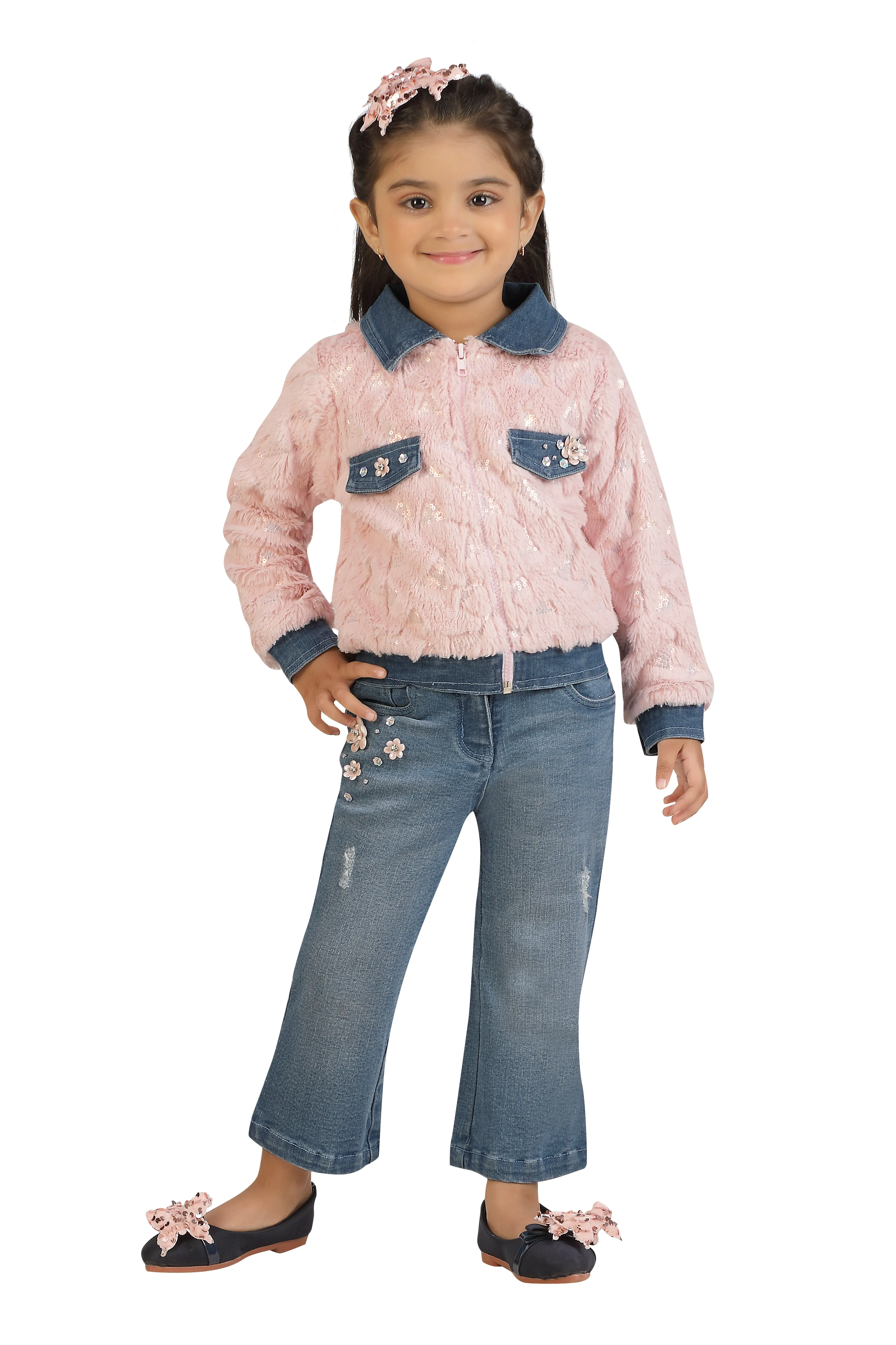 Tressel Kids Stylish Jacket Denim Collar & Bottom Set