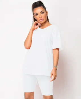 White Cycling Short & T-Shirt Co Ord Loungewear Set