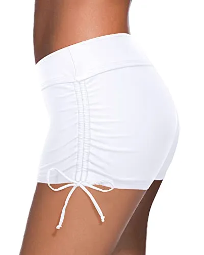 Wide Elastic Waistband Cover Tummy Well Bathing Suit Shorts For Women-White