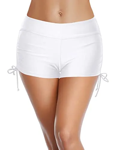 Wide Elastic Waistband Cover Tummy Well Bathing Suit Shorts For Women-White