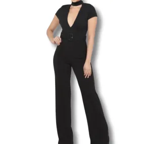 WOMEN "Elegant Two-Tone V-Cut Jumpsuit with Choker Detail Black"