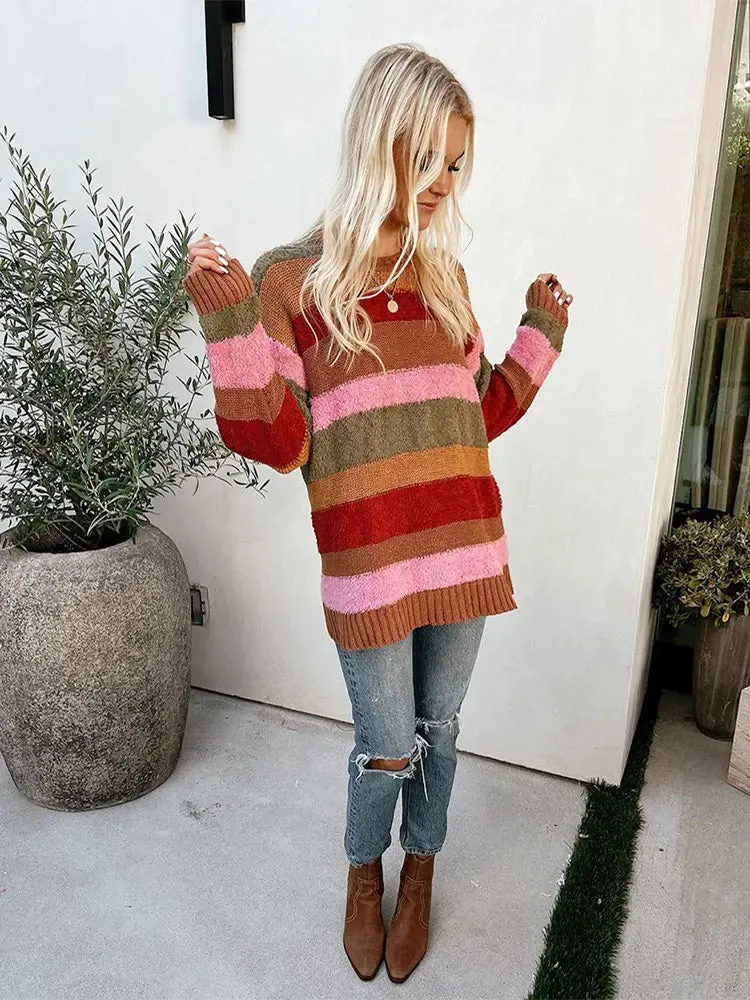 Women Rainbow Striped Patchwork Warm Fashion O Neck Long Sleeve Sweater