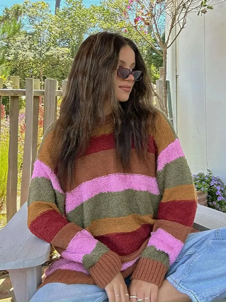 Women Rainbow Striped Patchwork Warm Fashion O Neck Long Sleeve Sweater