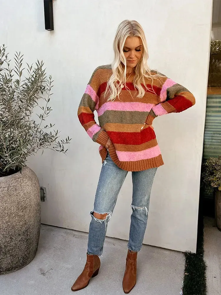 Women Rainbow Striped Patchwork Warm Fashion O Neck Long Sleeve Sweater