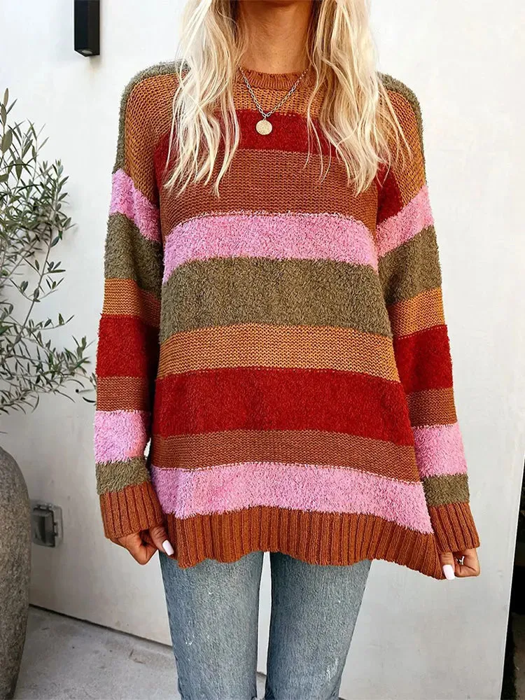 Women Rainbow Striped Patchwork Warm Fashion O Neck Long Sleeve Sweater