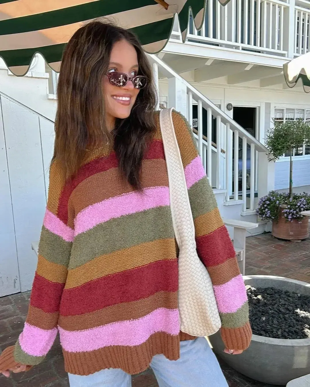 Women Rainbow Striped Patchwork Warm Fashion O Neck Long Sleeve Sweater