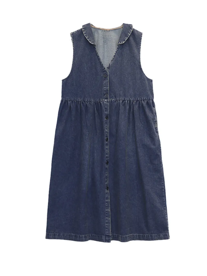 Women Stylish V-Neck Denim Cardigan Style Sleeveless Midi Dress