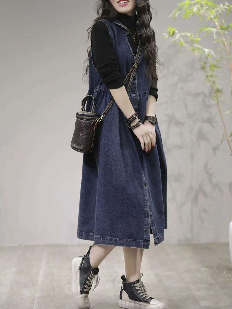 Women Stylish V-Neck Denim Cardigan Style Sleeveless Midi Dress