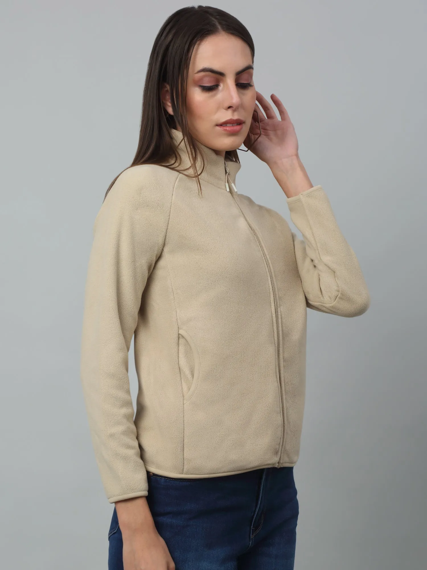 Women's Casual  Beige Raglan Full Sleeve Zipthru  Fleece Sweatshirt