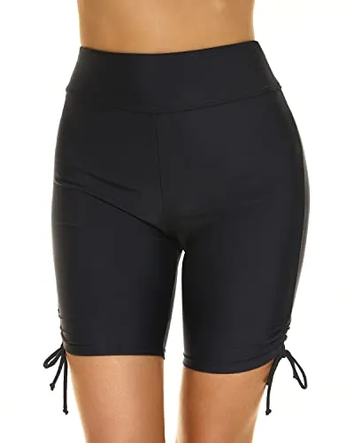 Women's High Waisted Tummy Control Swim Shorts Bathing Suit Bottoms-Black