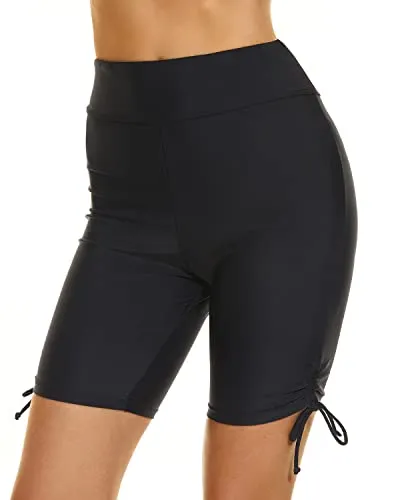 Women's High Waisted Tummy Control Swim Shorts Bathing Suit Bottoms-Black