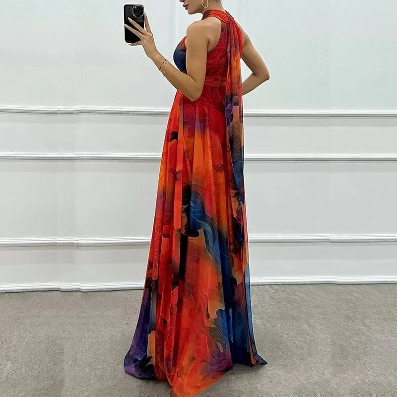 Women's Long Dress Casual High Waist Bohemian Vintage Pattern Printed Sleeveless Party Dress