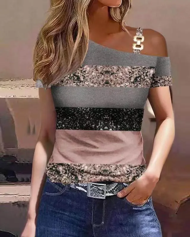 Women's Summer Simple Sleeve Metal Buckle Printed Tops