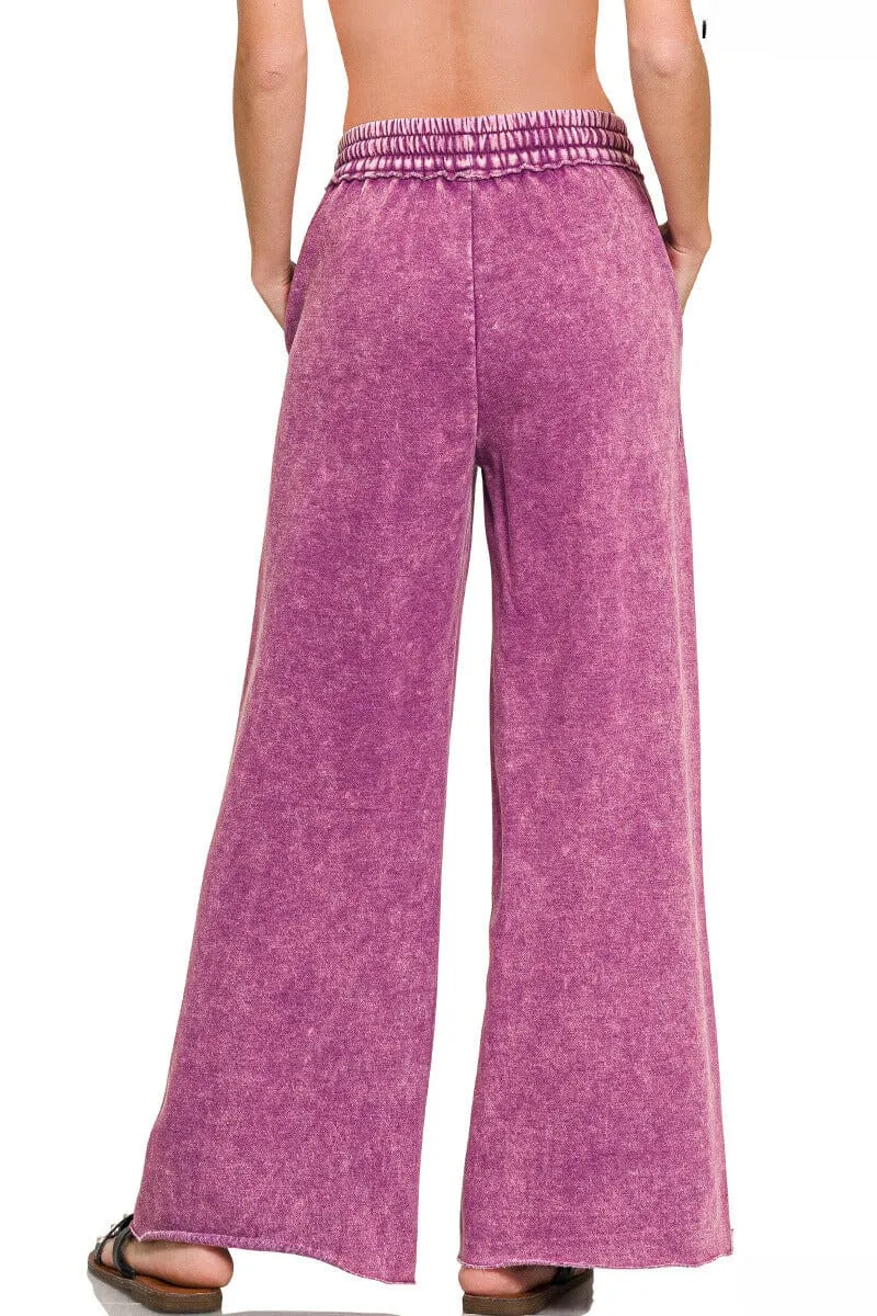 Zenana Acid Wash Fleece Palazzo Sweatpants with Pockets