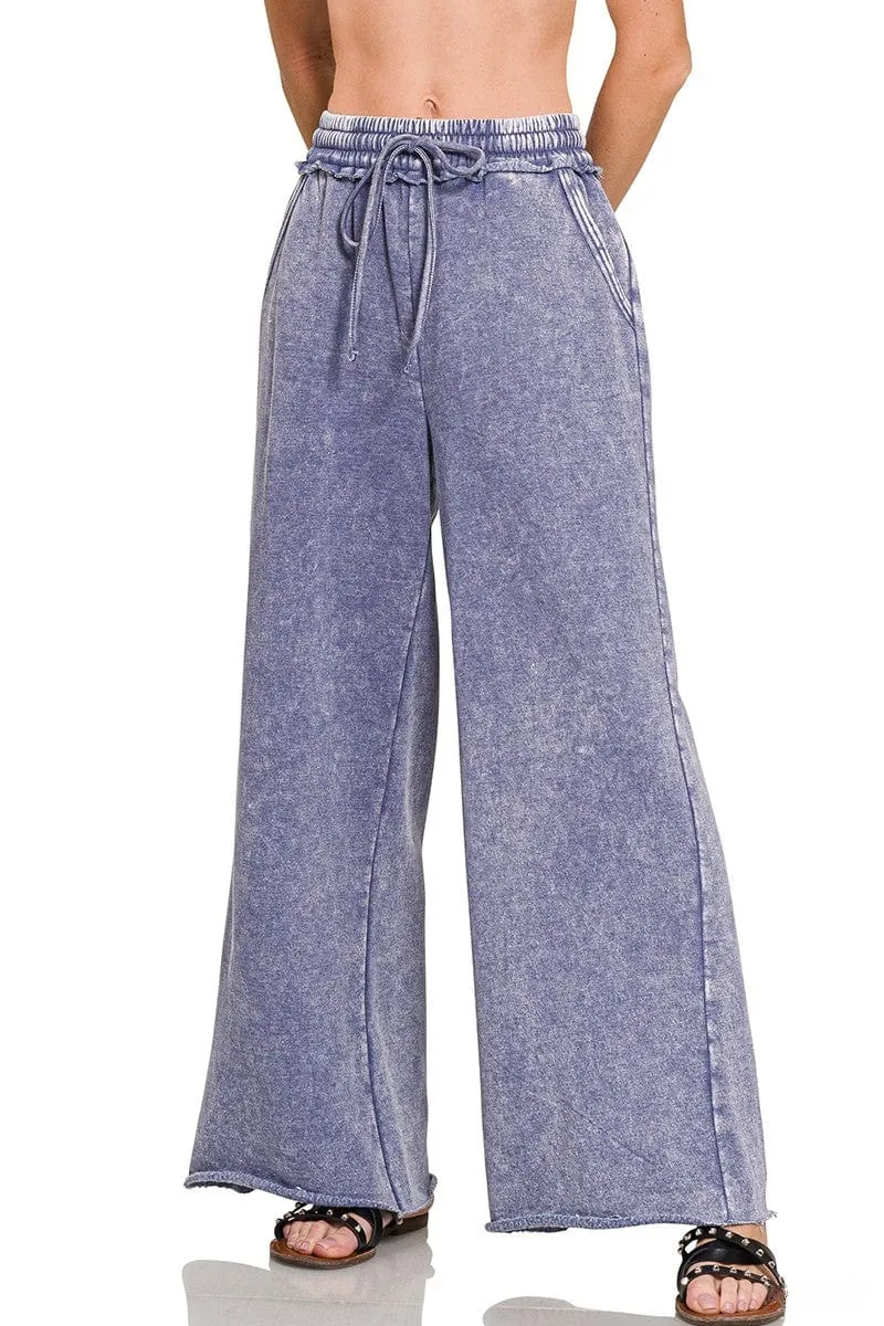 Zenana Acid Wash Fleece Palazzo Sweatpants with Pockets