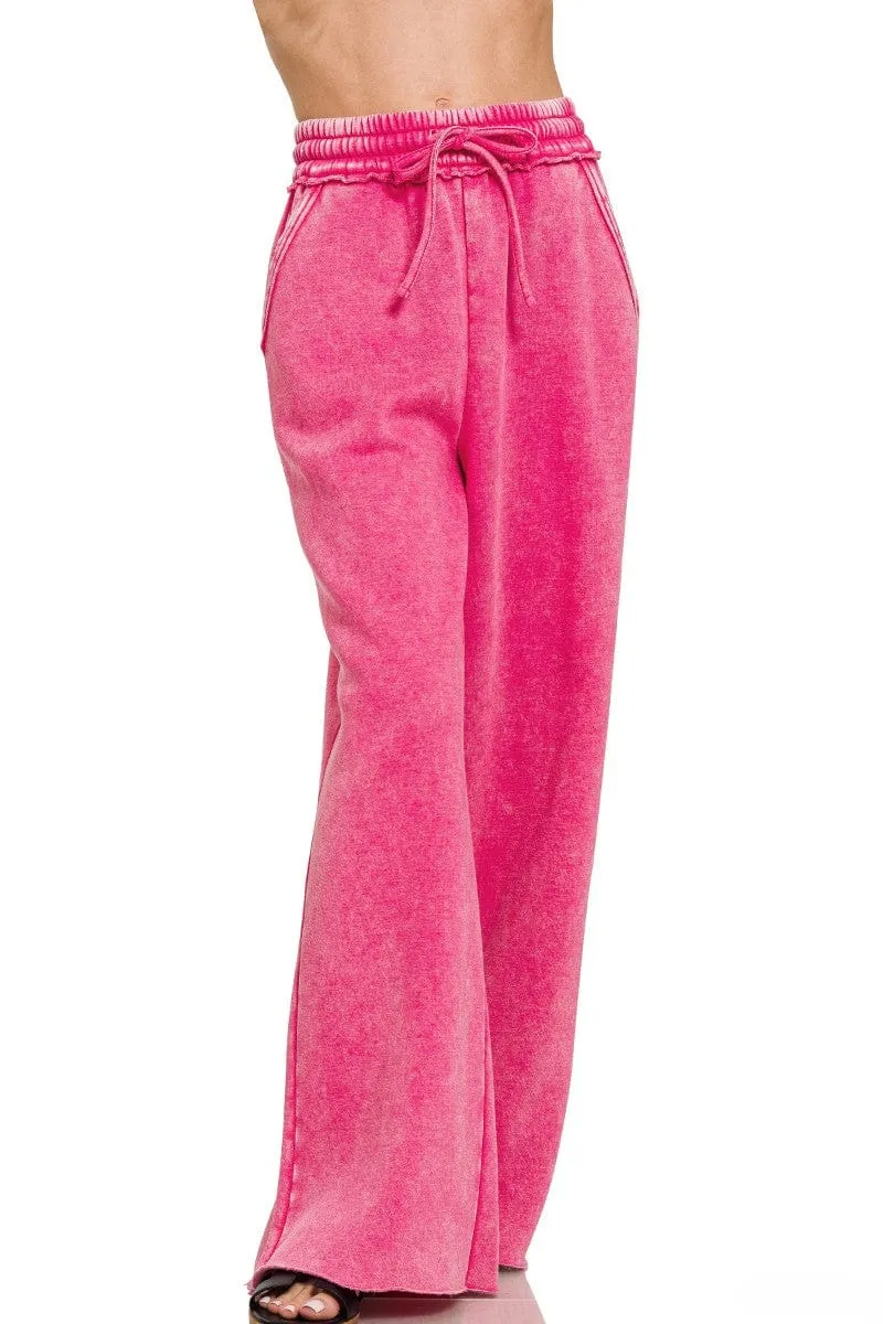 Zenana Acid Wash Fleece Palazzo Sweatpants with Pockets